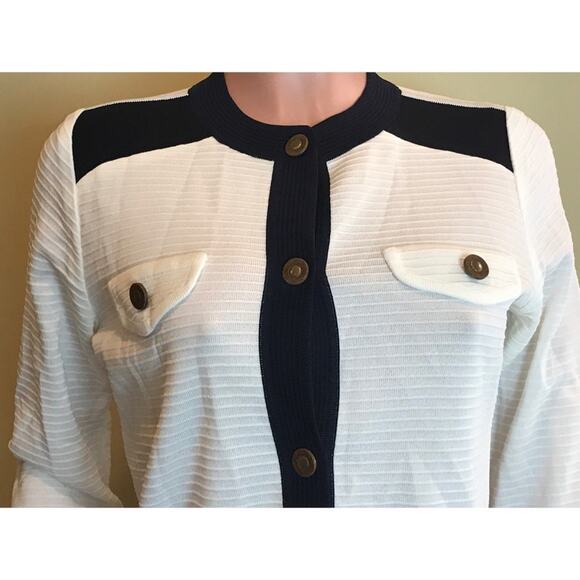 Exclusively Misook Cardigan Sweater Size PS White Navy Blue Trim Gold Buttons - Picture 3 of 9